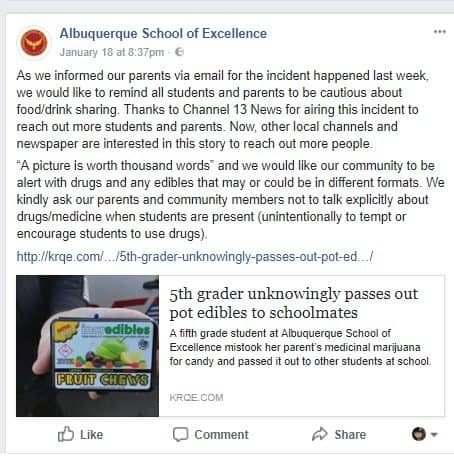 פוסט בפייסבוק של בית הספר אלבוקרקי