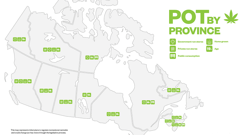 מפת הקנאביס החוקי של קנדה - לא בכל מקום מותר לגדל או לצרוך, ורק בחלק מהמחוזות ישנן חנויות מטעם המדינה